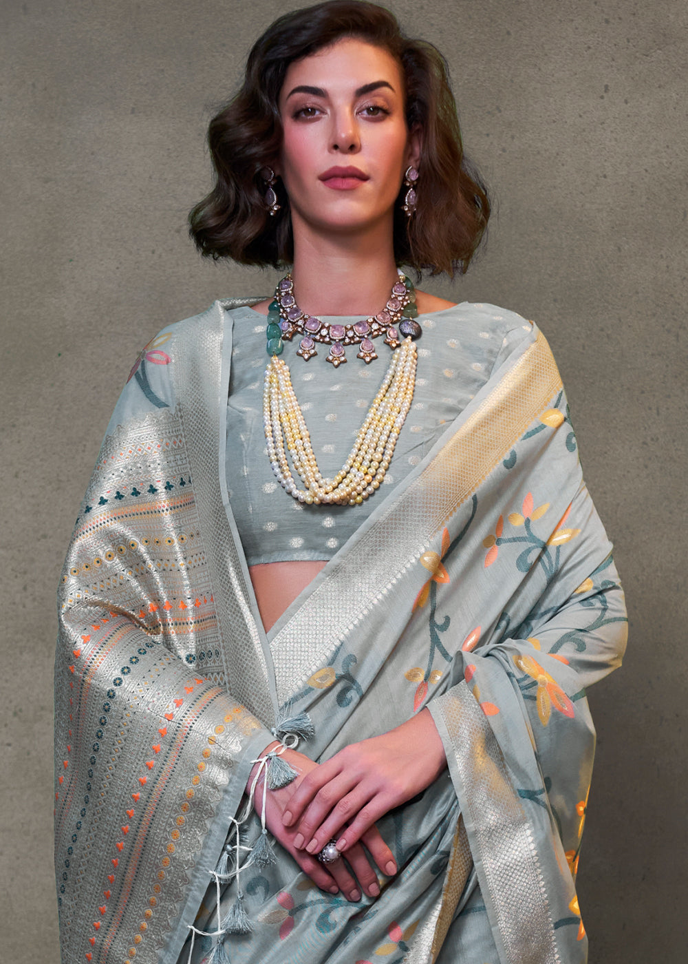 Seal Grey Jamdani Handwoven Cotton Saree with Brocade Blouse