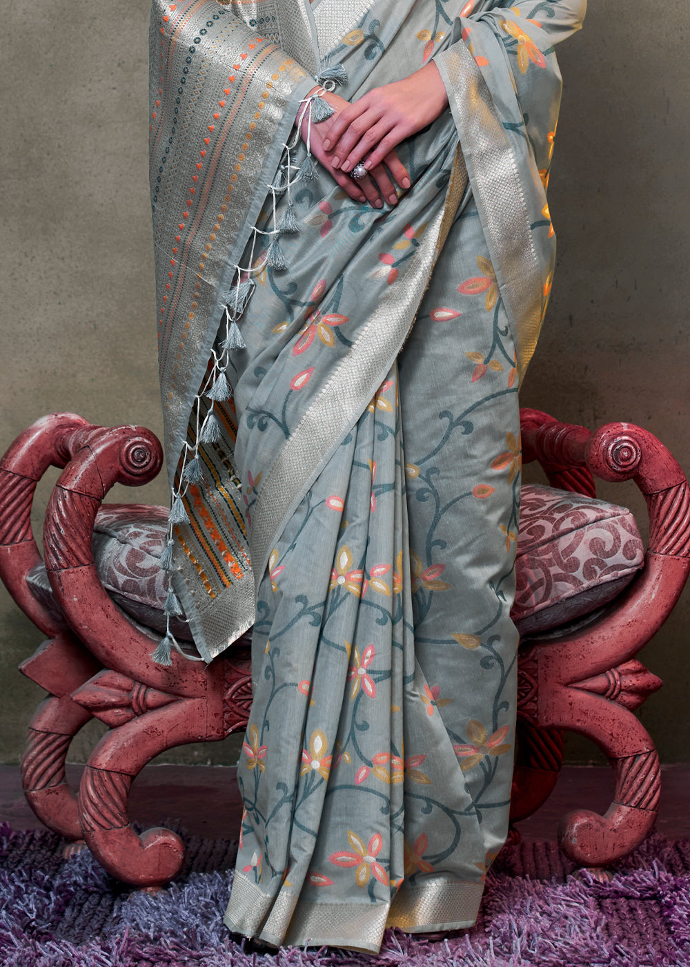 Seal Grey Jamdani Handwoven Cotton Saree with Brocade Blouse