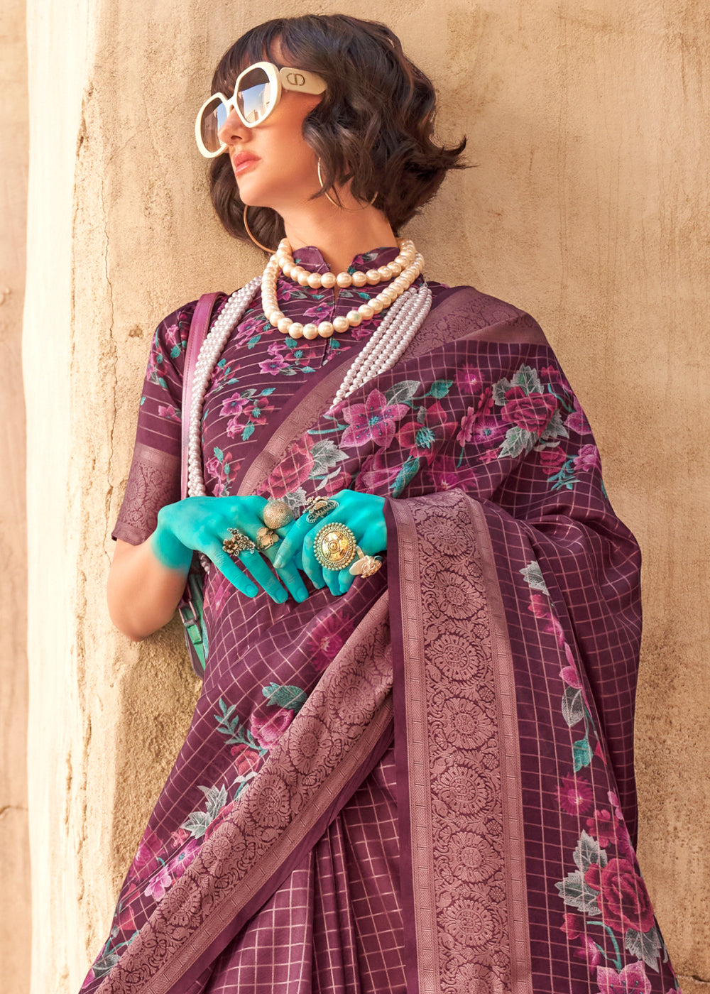 Damson Purple Handloom Georgette Silk Saree with Floral Prints and Woven Border