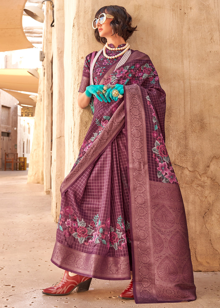 Damson Purple Handloom Georgette Silk Saree with Floral Prints and Woven Border