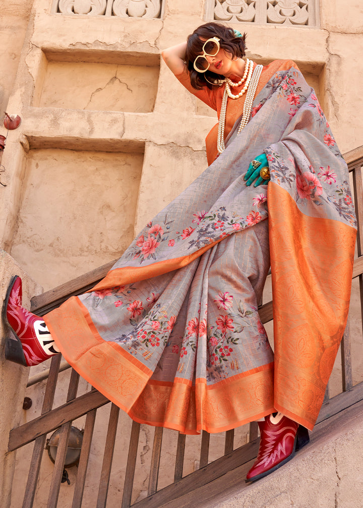 Pewter Grey Handloom Georgette Silk Saree with Floral Prints and Woven Border