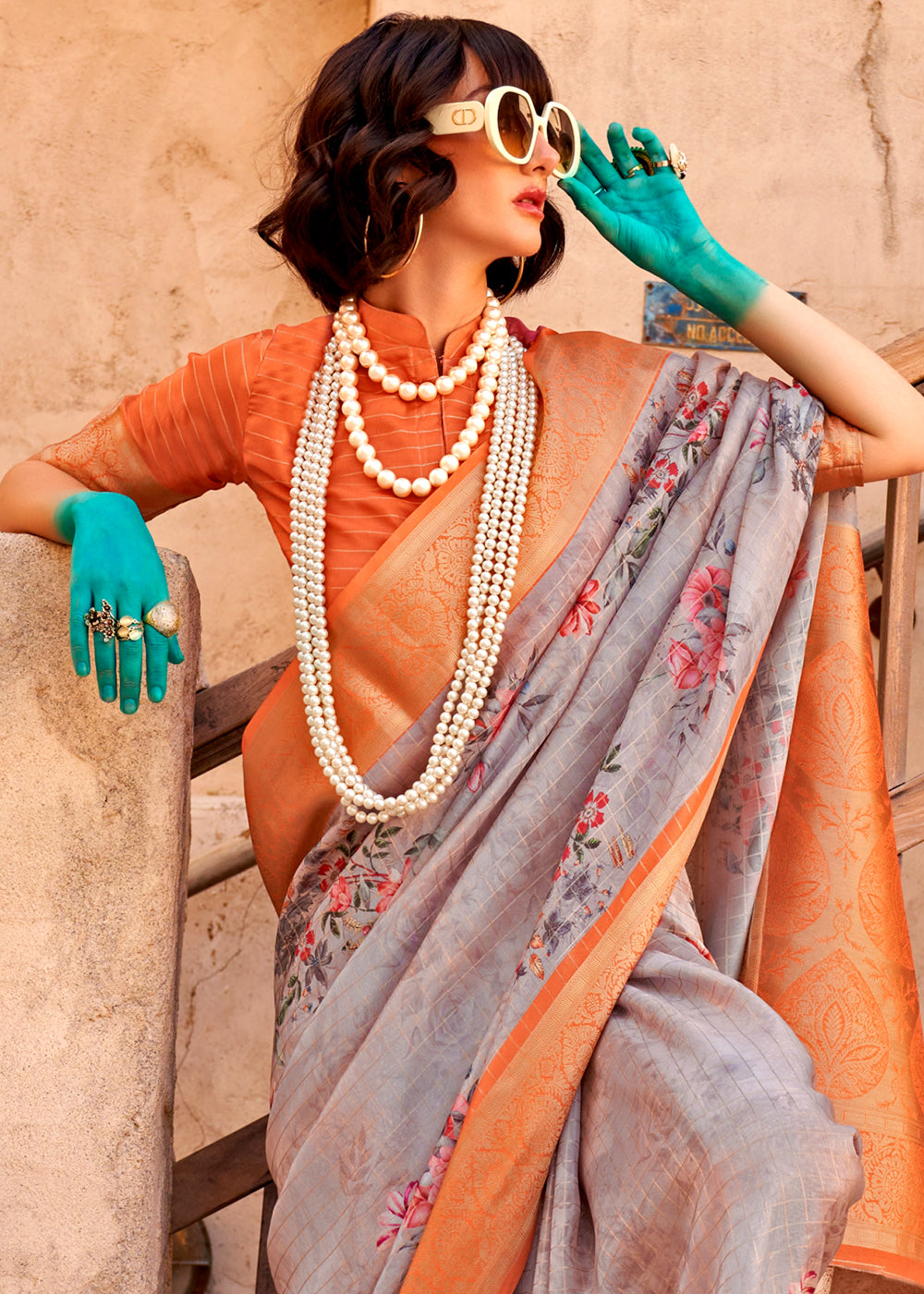 Pewter Grey Handloom Georgette Silk Saree with Floral Prints and Woven Border