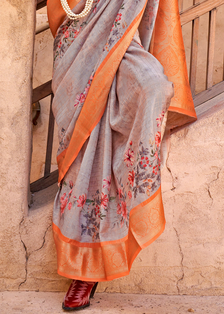 Pewter Grey Handloom Georgette Silk Saree with Floral Prints and Woven Border