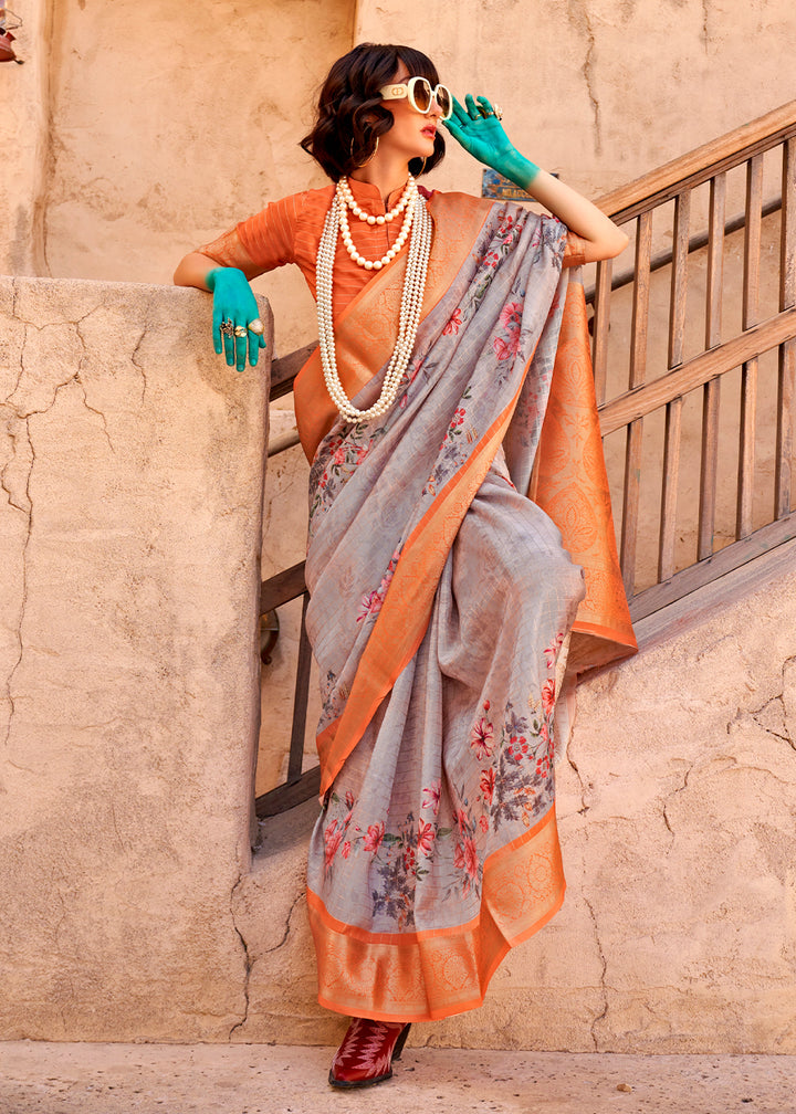 Pewter Grey Handloom Georgette Silk Saree with Floral Prints and Woven Border