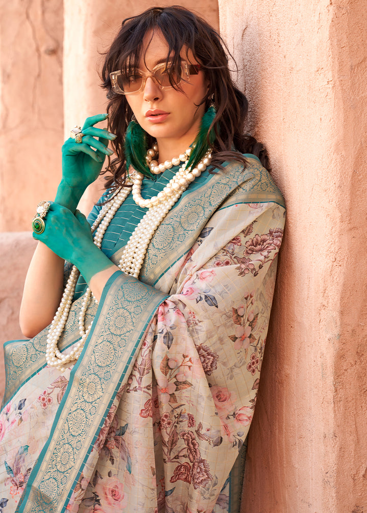 Parchment White Handloom Georgette Silk Saree with Floral Prints and Woven Border