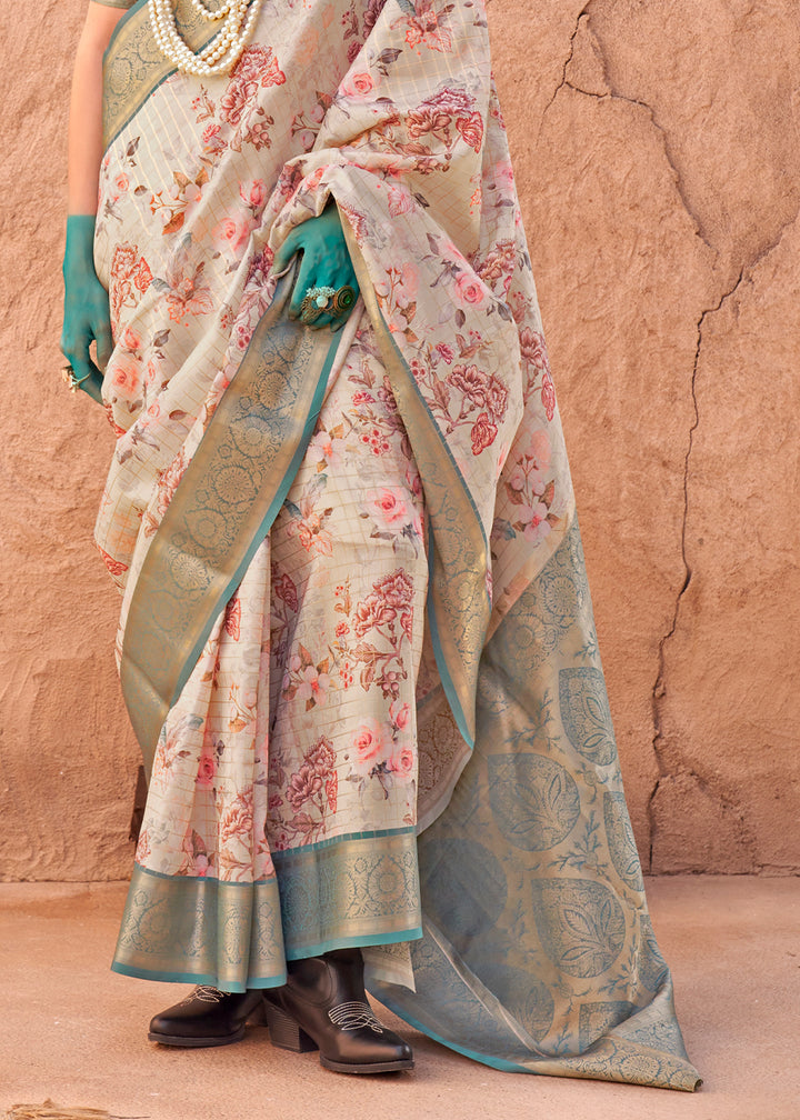 Parchment White Handloom Georgette Silk Saree with Floral Prints and Woven Border