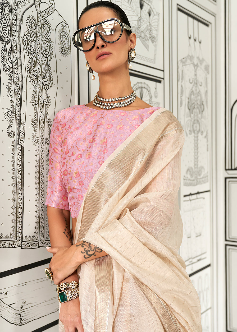 Very Light Brown Moss Chiffon Silk Saree with Handcrafted Handloom Weaving