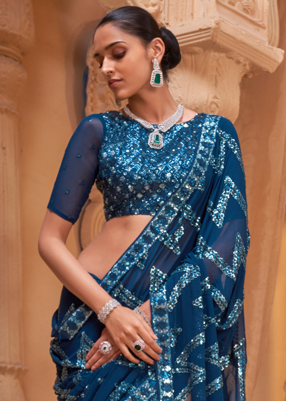 Dark Azure Blue Premium Georgette Saree with Sequin &amp; Thread Embellishments