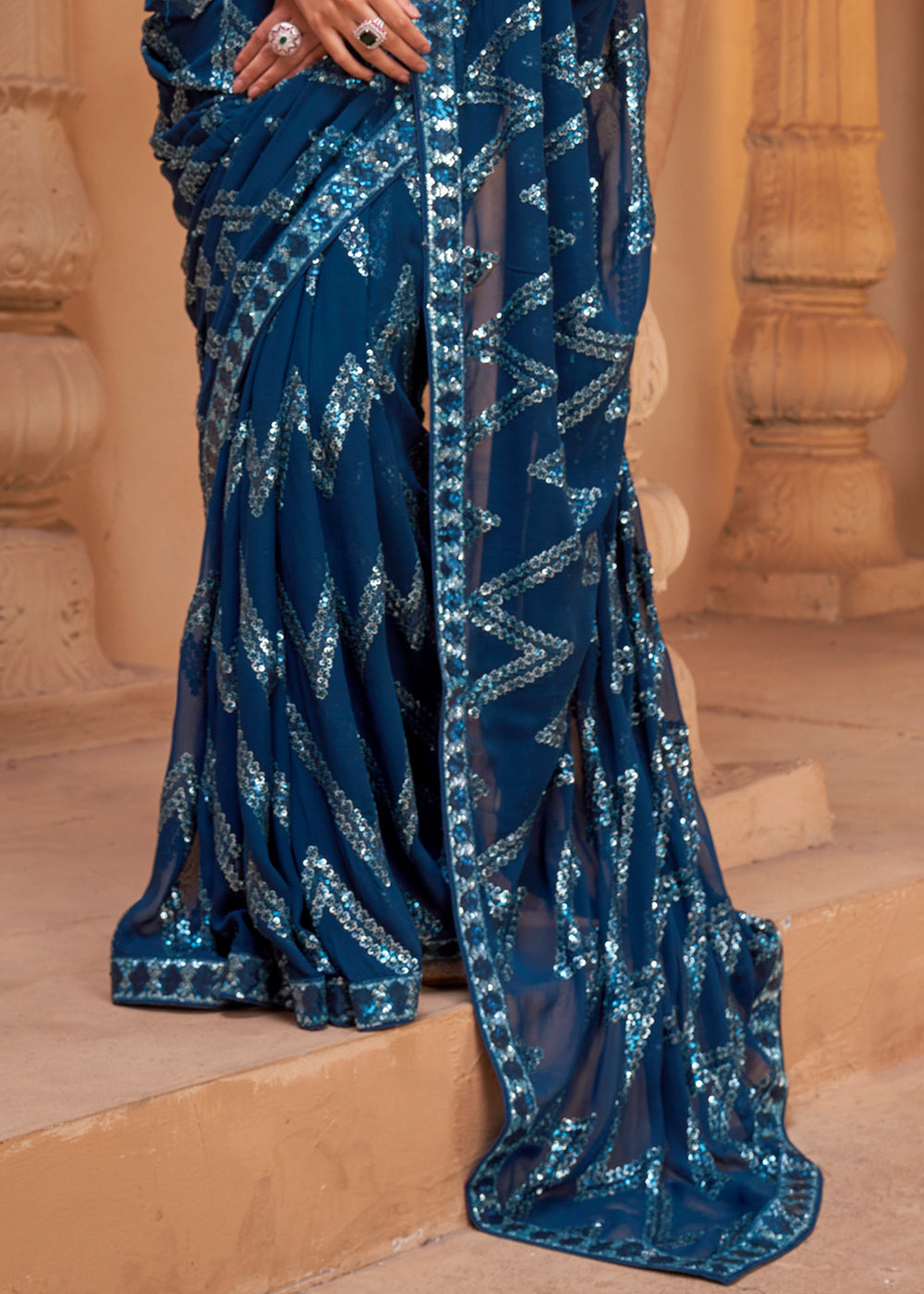 Dark Azure Blue Premium Georgette Saree with Sequin &amp; Thread Embellishments