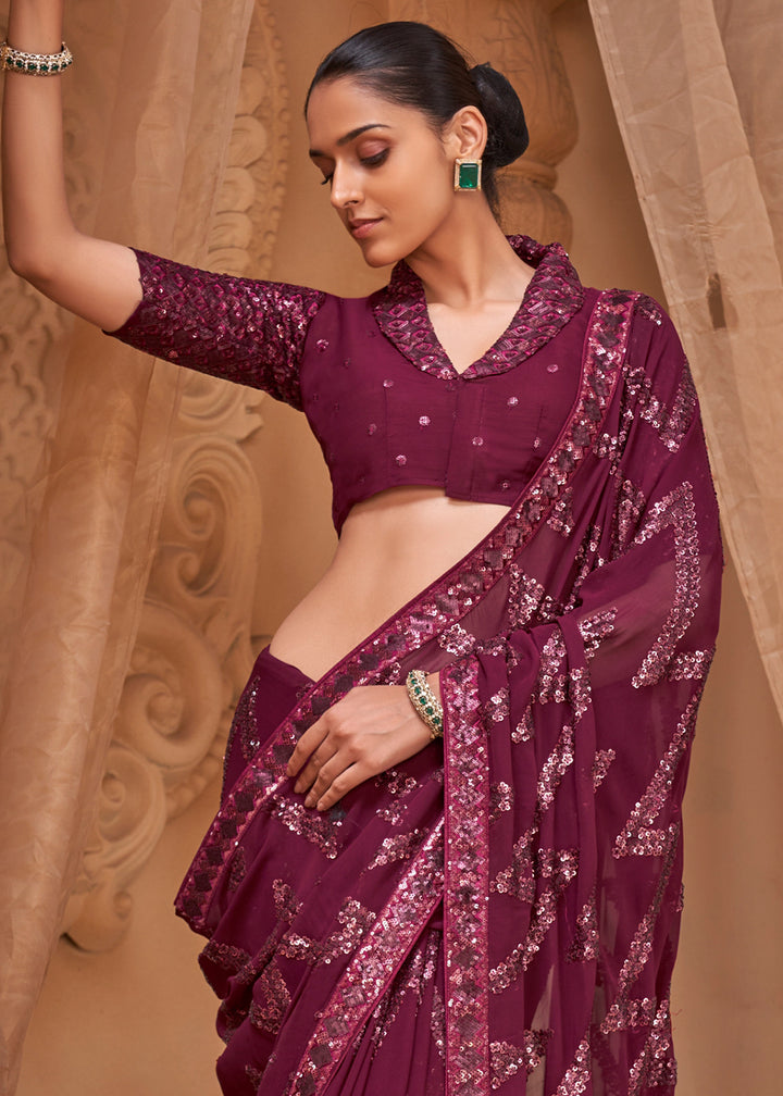 Plum Purple Premium Georgette Saree with Sequin &amp; Thread Embellishments