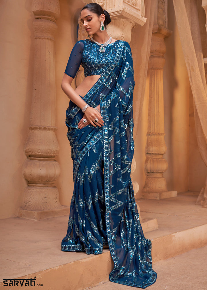 Dark Azure Blue Premium Georgette Saree with Sequin &amp; Thread Embellishments
