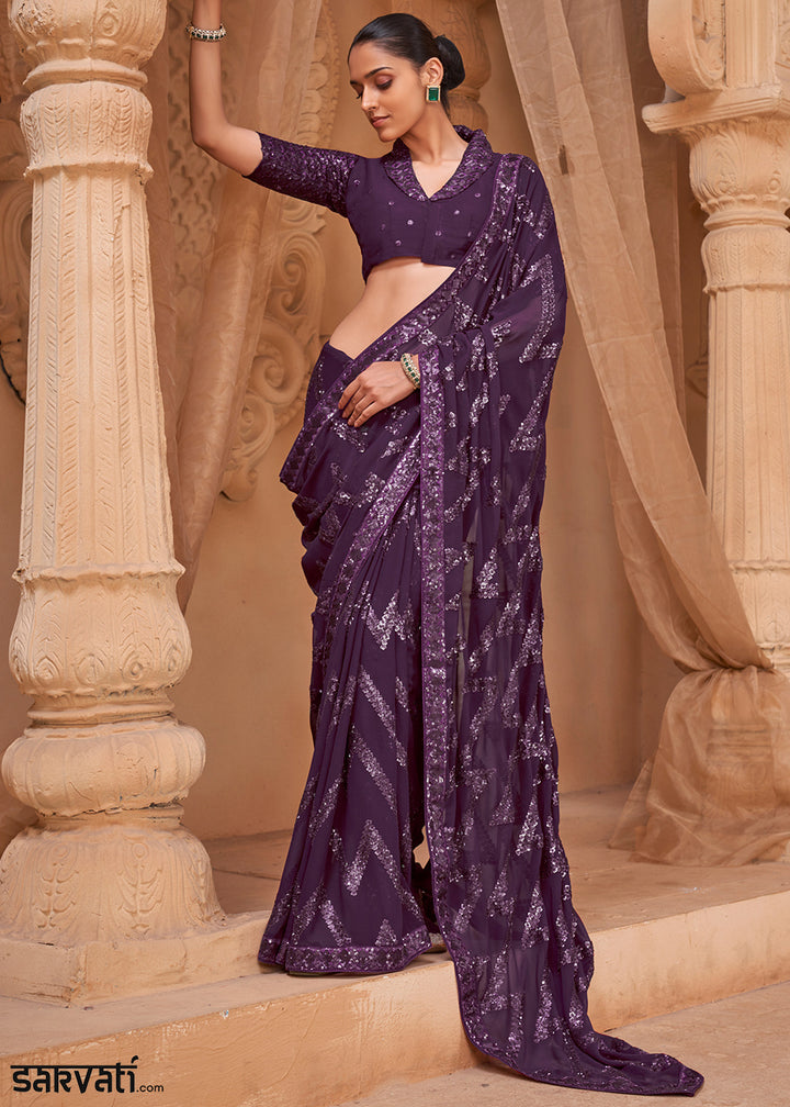 Jam Purple Premium Georgette Saree with Sequin &amp; Thread Embellishments