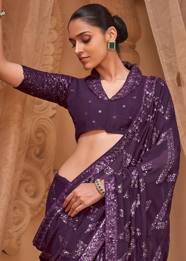 Jam Purple Premium Georgette Saree with Sequin &amp; Thread Embellishments