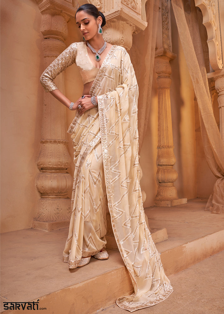 Cream White Premium Georgette Saree with Sequin &amp; Thread Embellishments