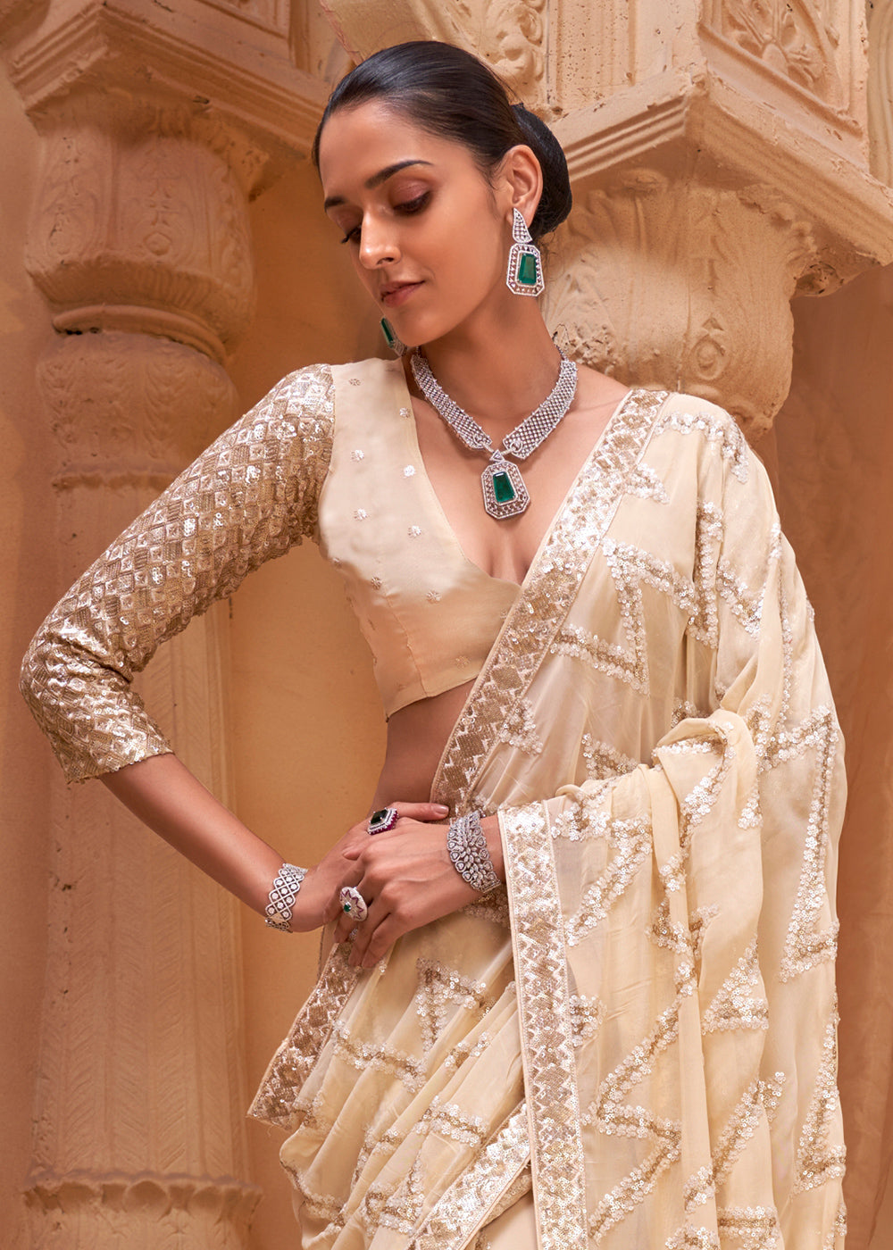 Cream White Premium Georgette Saree with Sequin &amp; Thread Embellishments
