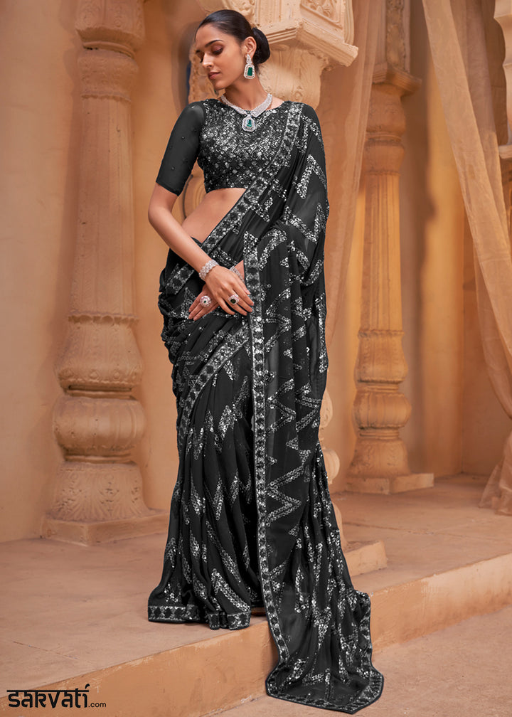 Charcoal Black Premium Georgette Saree with Sequin &amp; Thread Embellishments