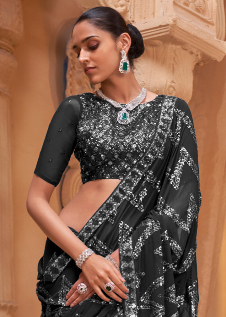 Charcoal Black Premium Georgette Saree with Sequin &amp; Thread Embellishments