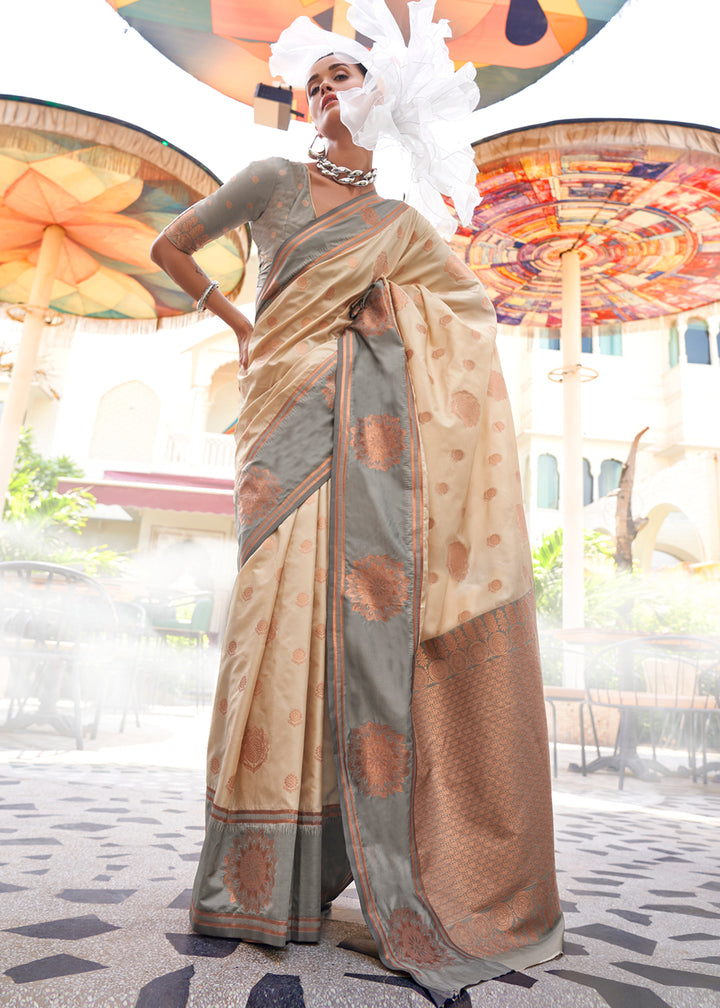 Beige Brown & Grey Two-Tone Contrast Silk Saree with Handloom Weave