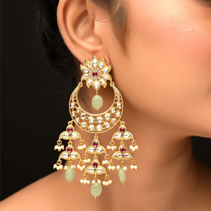 Mandeep Rose Pink & Mint Green Kundan Earrings