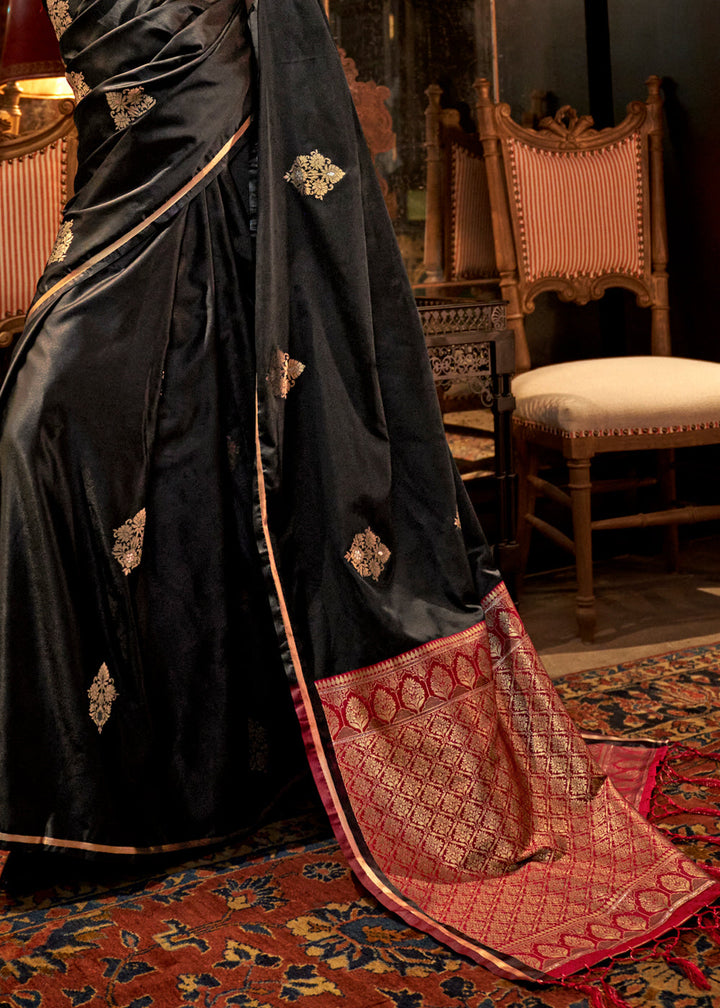 Onyx Black Satin Silk Saree with All-Over Zari Butta Weave