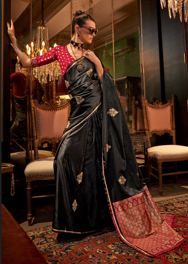 Onyx Black Satin Silk Saree with All-Over Zari Butta Weave