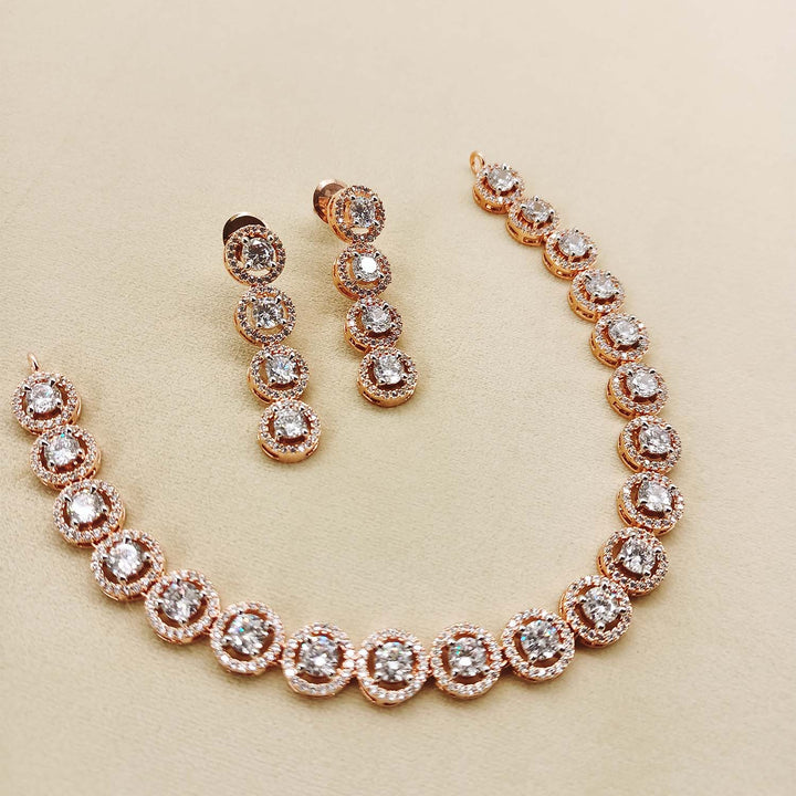 Jasmin Diamond Neck Line Rose Plated Necklace Set