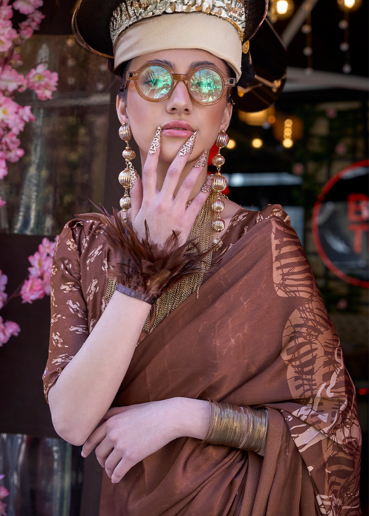 Russet Brown Contemporary Printed Satin Crepe Saree