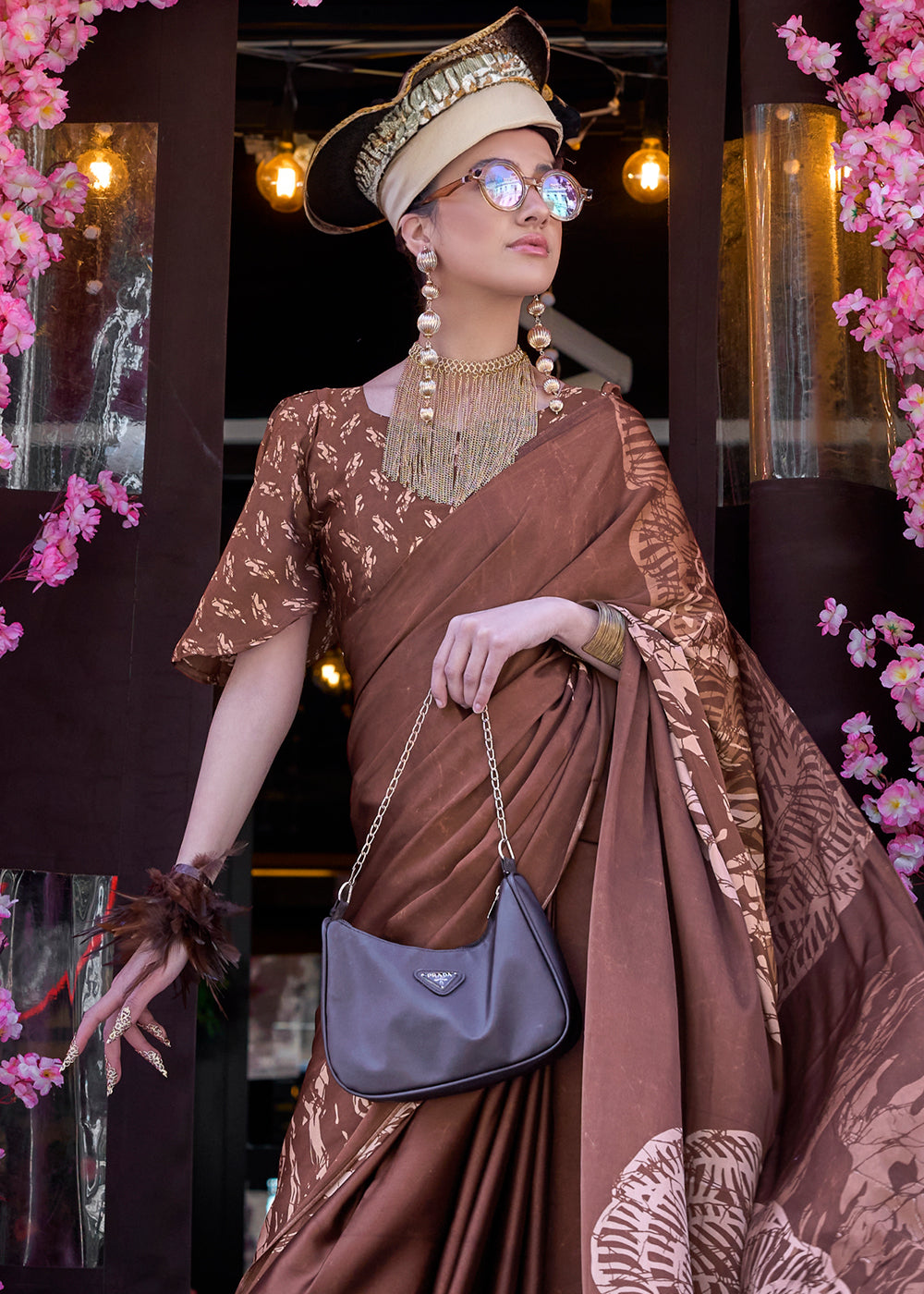 Russet Brown Contemporary Printed Satin Crepe Saree