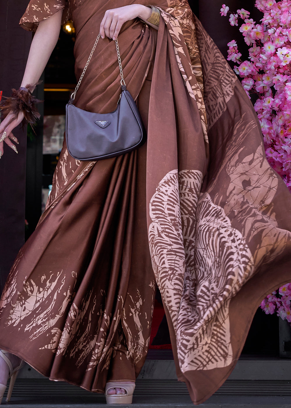 Russet Brown Contemporary Printed Satin Crepe Saree