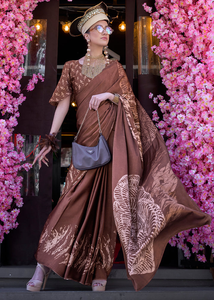 Russet Brown Contemporary Printed Satin Crepe Saree