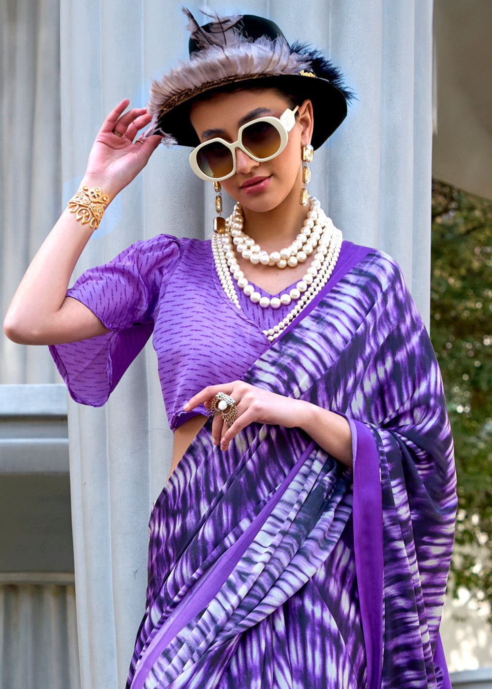 Shades Of Purple Contemporary Printed Satin Crepe Sarees