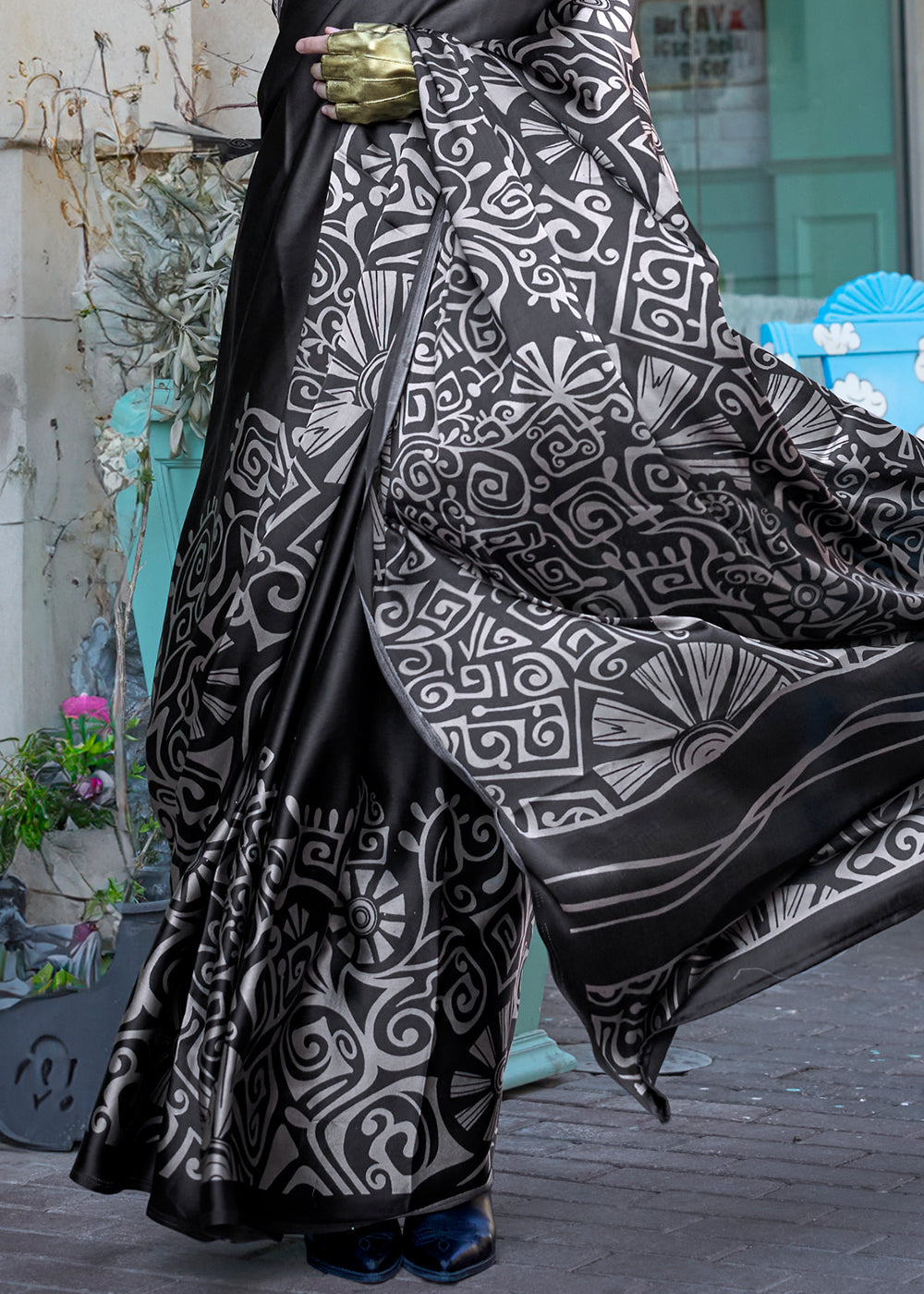 Charcoal Black Contemporary Printed Satin Crepe Sarees