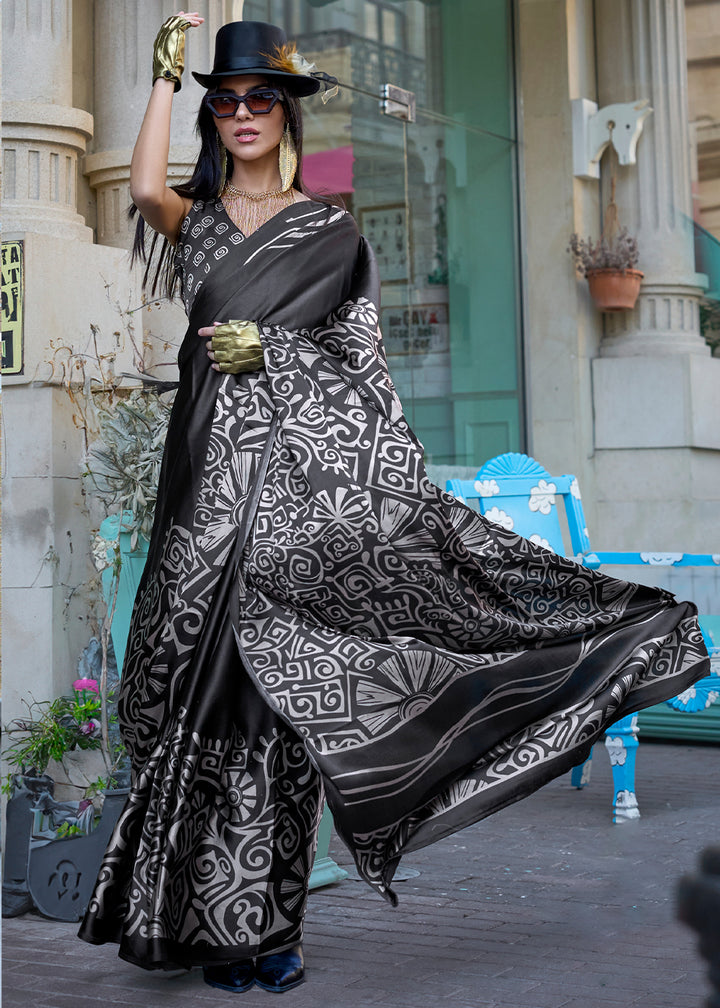 Charcoal Black Contemporary Printed Satin Crepe Sarees