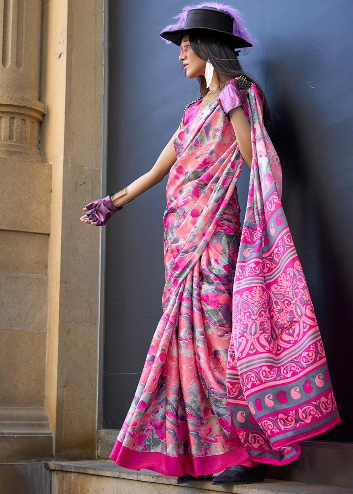 Shades Of Pink Contemporary Printed Satin Crepe Sarees