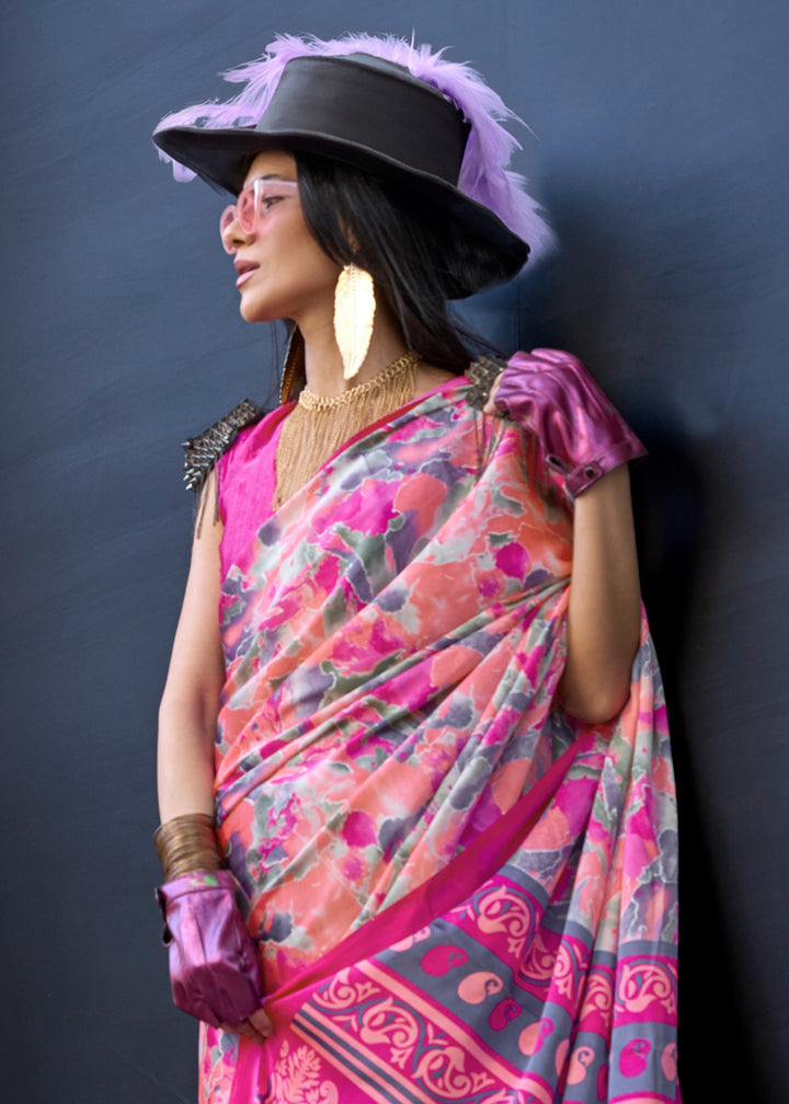 Shades Of Pink Contemporary Printed Satin Crepe Sarees