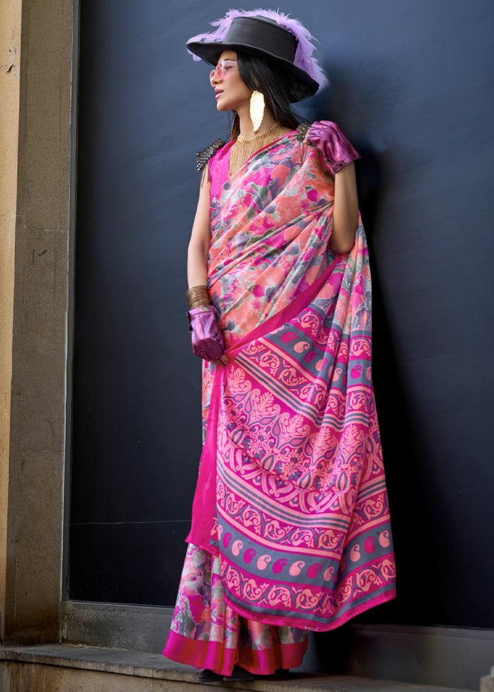 Shades Of Pink Contemporary Printed Satin Crepe Sarees