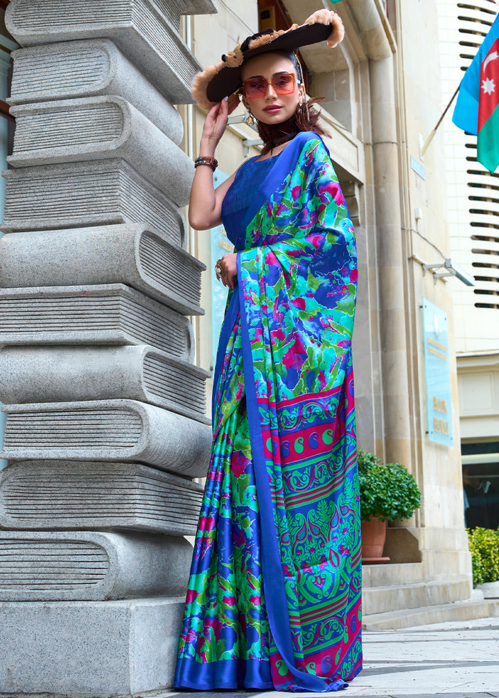 Blue & Green Contemporary Printed Satin Crepe Sarees