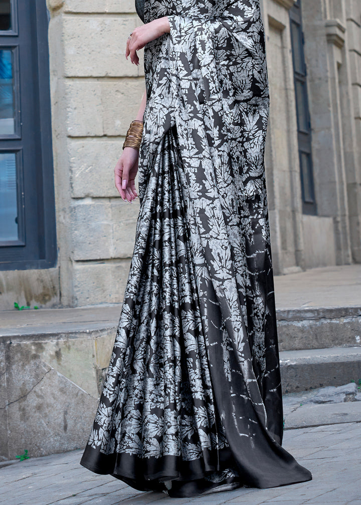 White & Black Contemporary Printed Satin Crepe Sarees