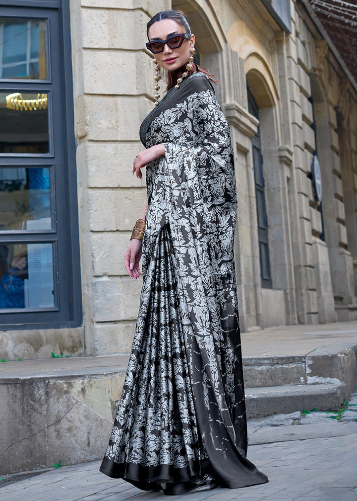 White & Black Contemporary Printed Satin Crepe Sarees