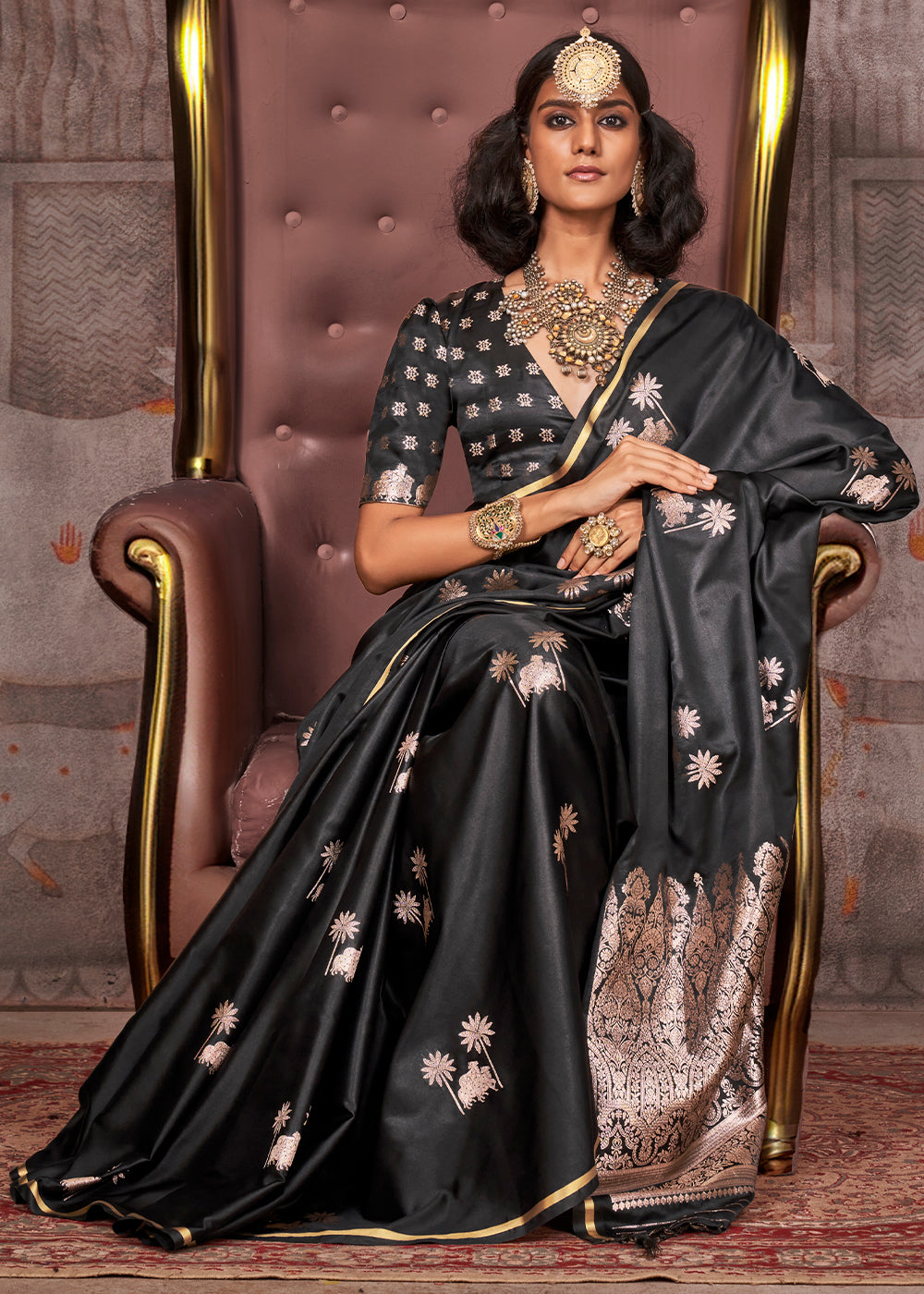 Onyx Black Zari Woven Satin Silk Banarasi Saree with Brocade Blouse