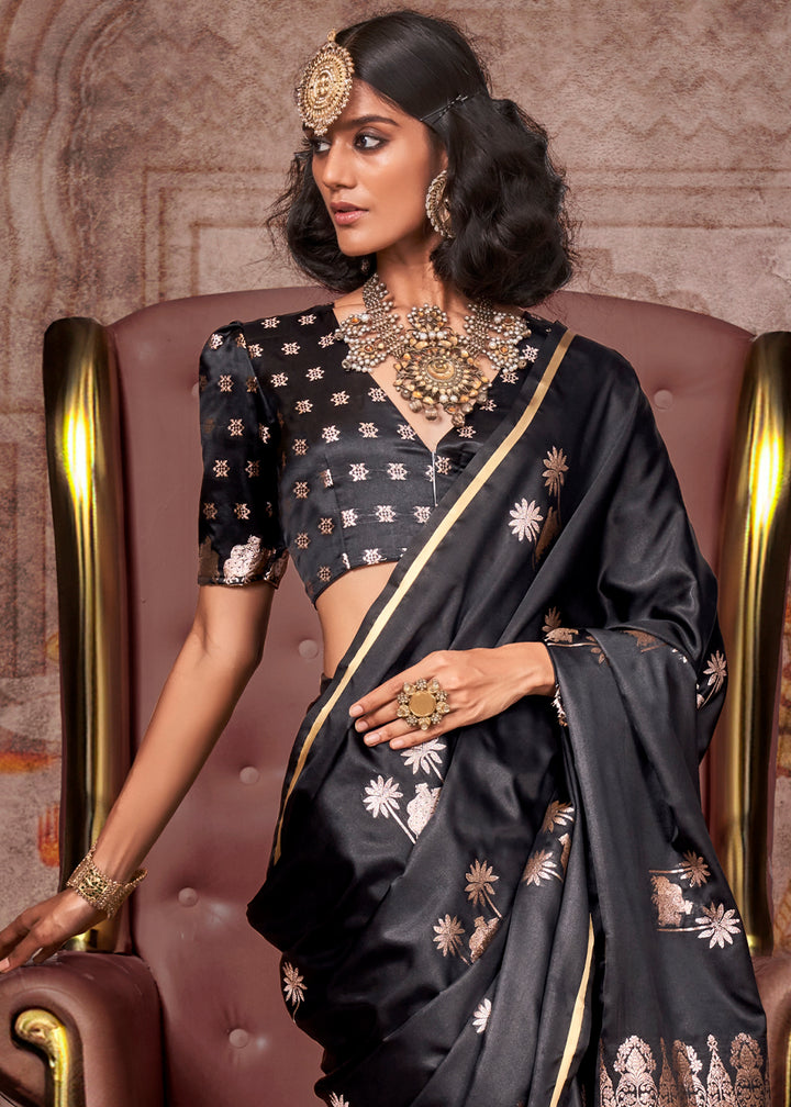 Onyx Black Zari Woven Satin Silk Banarasi Saree with Brocade Blouse