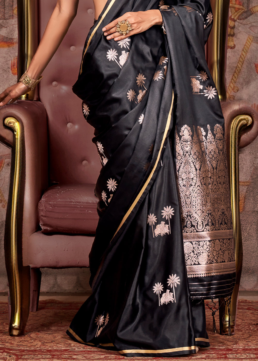 Onyx Black Zari Woven Satin Silk Banarasi Saree with Brocade Blouse