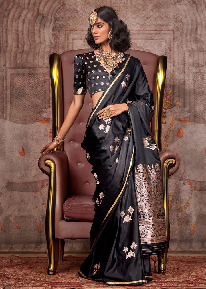 Onyx Black Zari Woven Satin Silk Banarasi Saree with Brocade Blouse