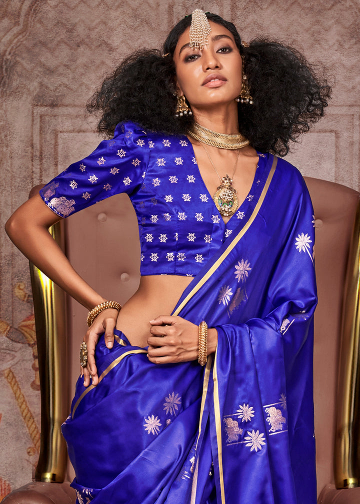 Azure Blue Zari Woven Satin Silk Banarasi Saree with Brocade Blouse