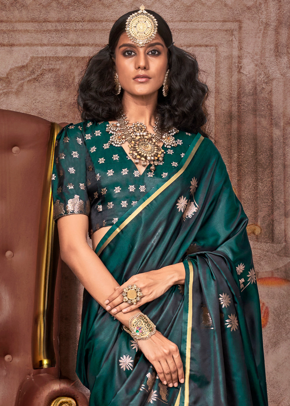 Rama Green Zari Woven Satin Silk Banarasi Saree with Brocade Blouse