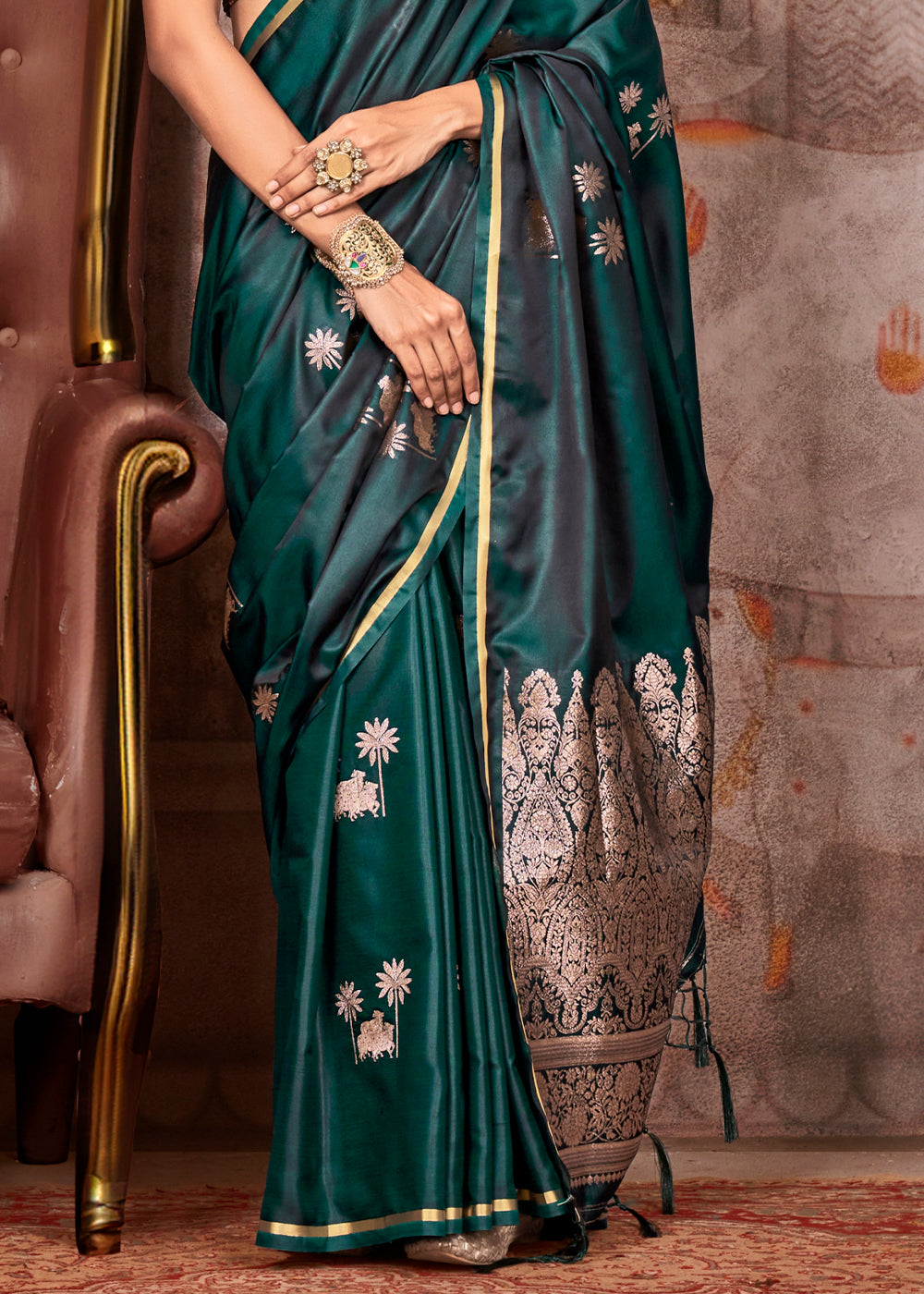 Rama Green Zari Woven Satin Silk Banarasi Saree with Brocade Blouse