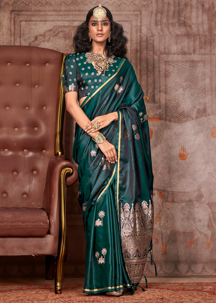 Rama Green Zari Woven Satin Silk Banarasi Saree with Brocade Blouse