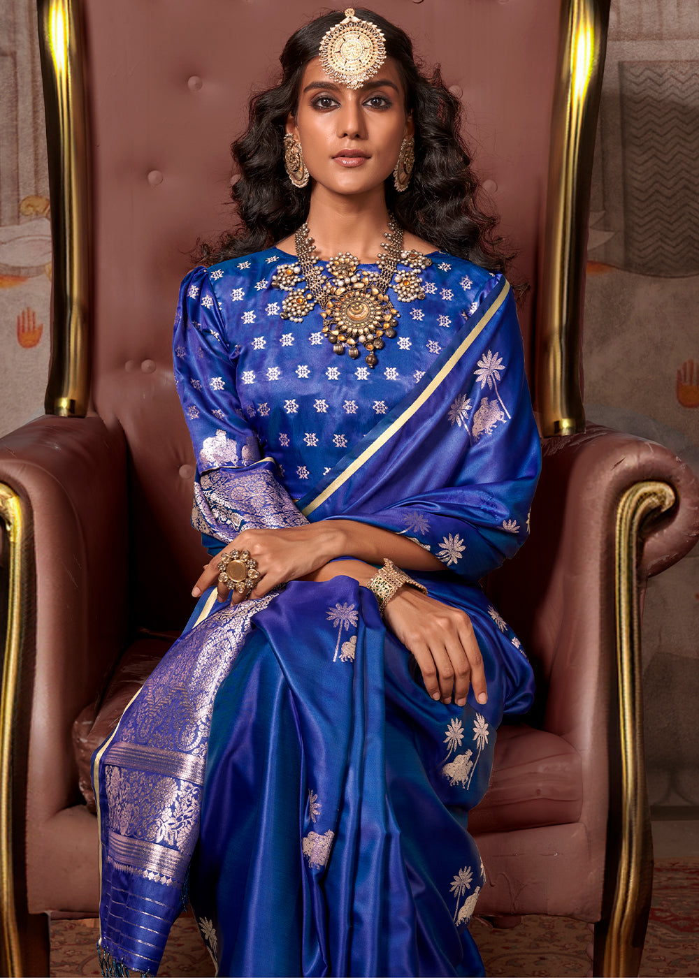 Lapis Blue Zari Woven Satin Silk Banarasi Saree with Brocade Blouse