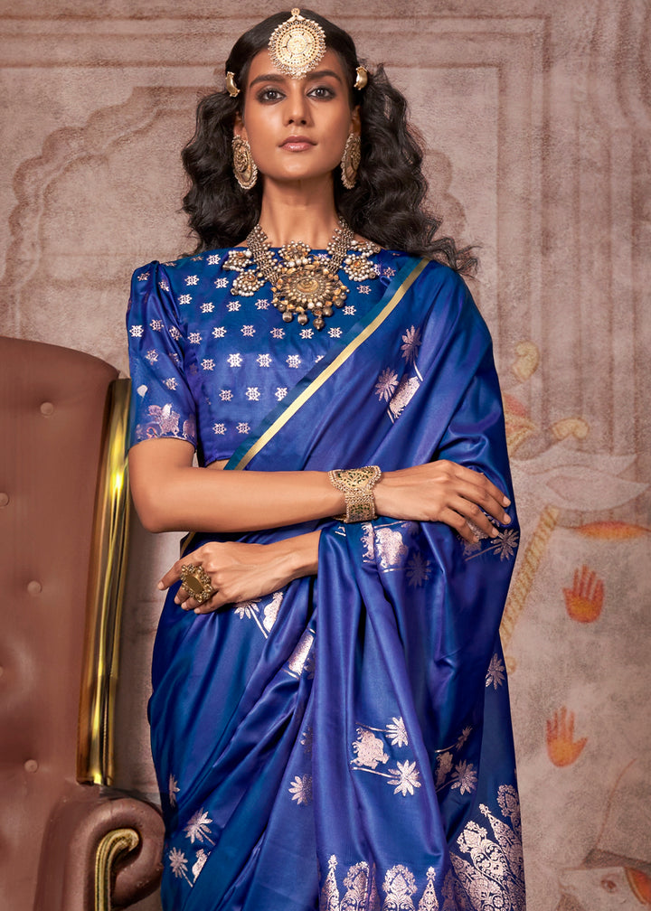 Lapis Blue Zari Woven Satin Silk Banarasi Saree with Brocade Blouse