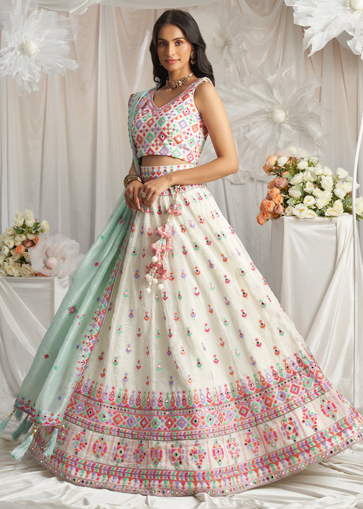 Cream White Organza Lehenga Choli Adorned with Sequins & Mirror Embroidery